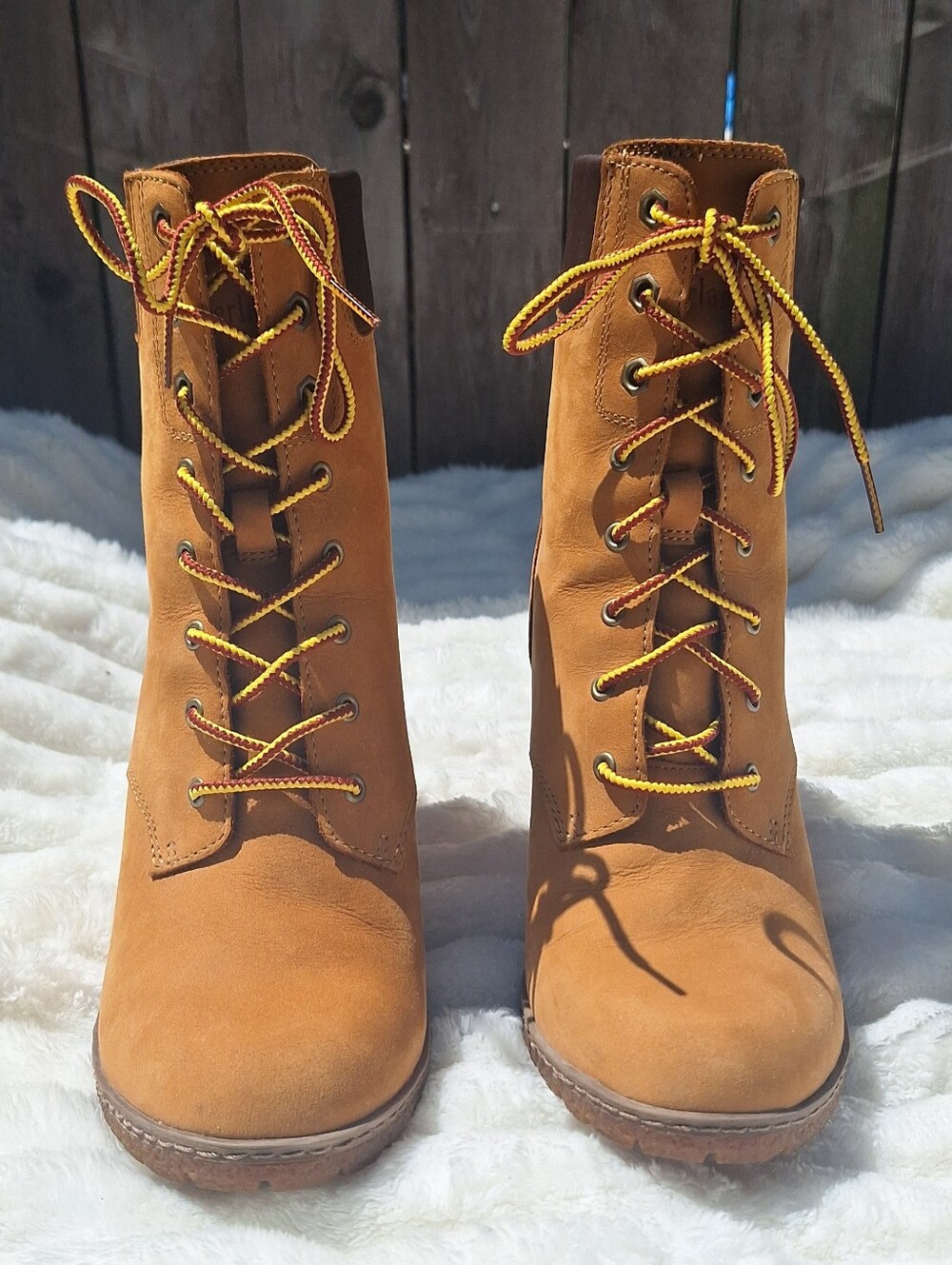 Timberland Tan Lace-Up Ankle Boots with Yellow Laces